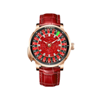 PINDU P6628 roulette automatic watch rose gold case red quilted leather strap roulette wheel dial red background numbered sections white hour markers rose gold hands front view