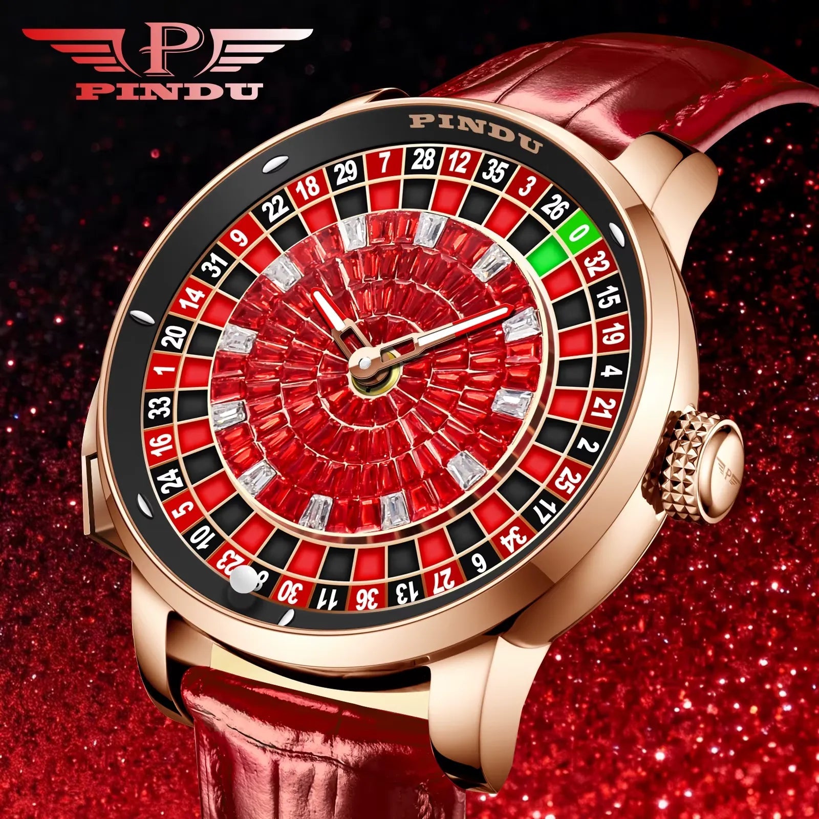 PINDU P6628 roulette automatic watch rose gold case red quilted leather strap roulette wheel dial sparkly red background PINDU logo casino luxury lifestyle shot