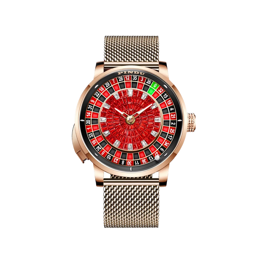 PINDU P6628 roulette automatic watch rose gold case silver mesh metal bracelet roulette wheel dial red black sections rose gold bezel front view