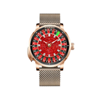 PINDU P6628 roulette automatic watch rose gold case silver mesh metal bracelet roulette wheel dial red black sections rose gold bezel front view