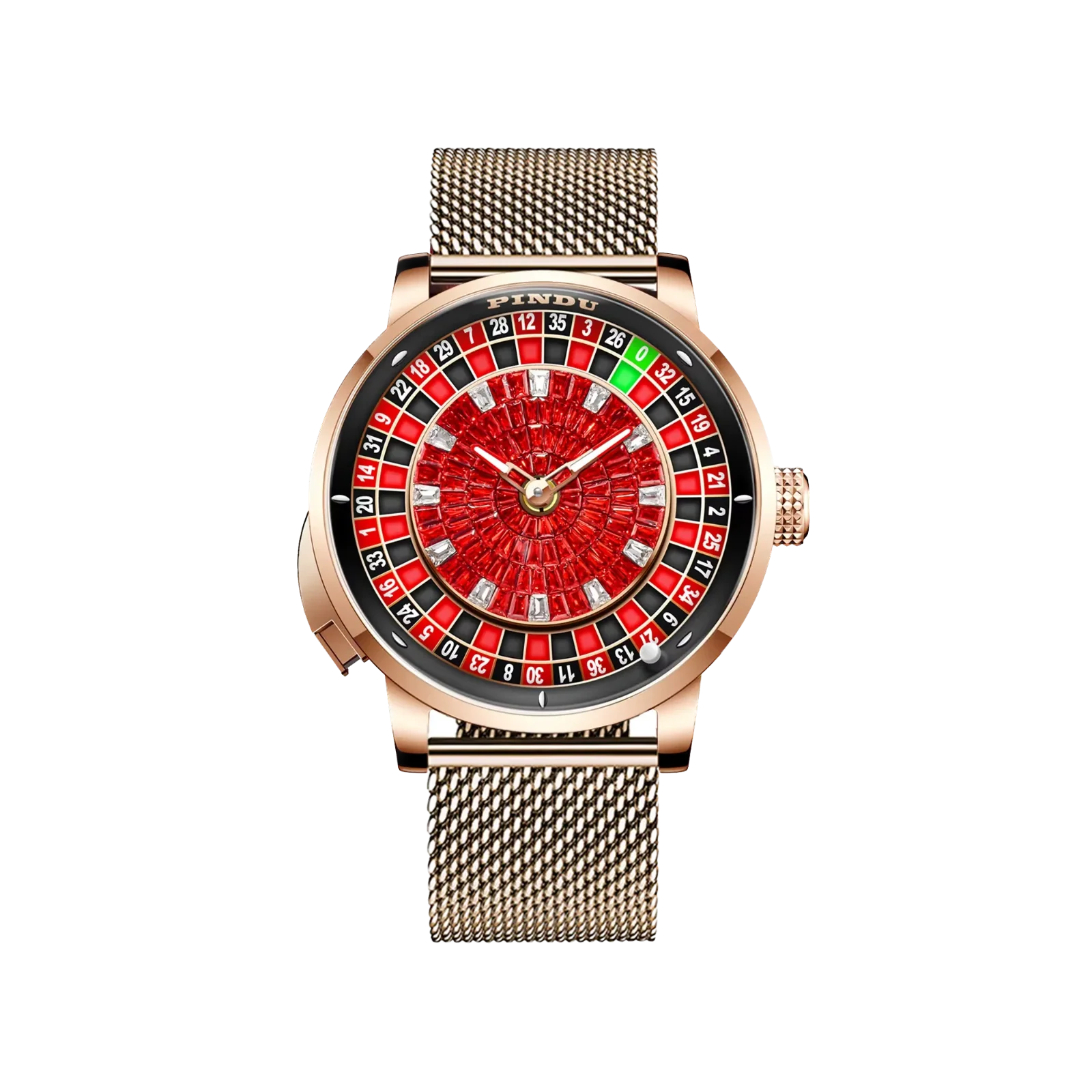 PINDU P6628 roulette automatic watch rose gold case silver mesh metal bracelet roulette wheel dial red black sections rose gold bezel front view