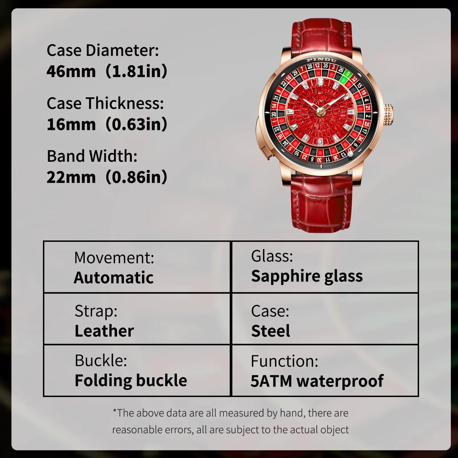 PINDU P6628 roulette automatic watch specifications 46mm case 16mm thickness automatic movement sapphire glass stainless steel case leather strap folding buckle 5ATM water resistance