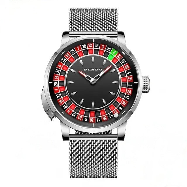 PINDU P6629 roulette automatic watch on wrist matte black case gray leather strap roulette wheel dial digital tech background green geometric shapes modern luxury lifestyle