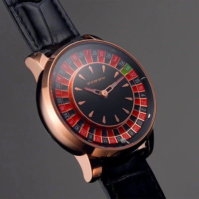PINDU P6629 roulette automatic watch rose gold case black leather strap side profile gray background showing case thickness lug design textured crown detail