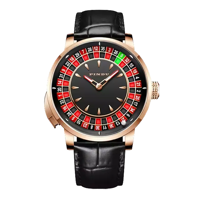 PINDU P6629 roulette automatic watch rose gold case black quilted leather strap outer roulette wheel complication red black green sections rose gold hands front view
