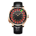 PINDU P6629 roulette automatic watch rose gold case black quilted leather strap outer roulette wheel complication red black green sections rose gold hands front view