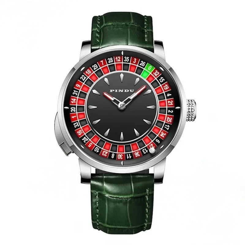 PINDU P6629 roulette automatic watch rose gold case black quilted leather strap outer roulette wheel complication red numbered sections rose gold hands product view