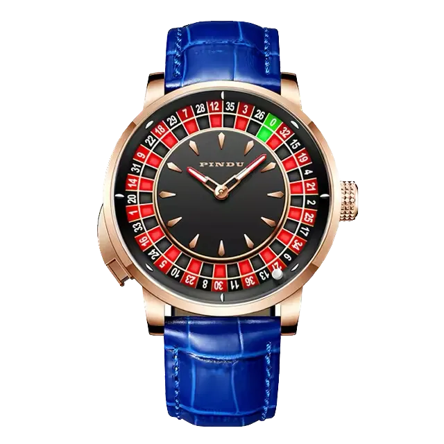 PINDU P6629 roulette automatic watch rose gold case blue crocodile leather strap black inner dial outer roulette wheel complication rose gold hands front view