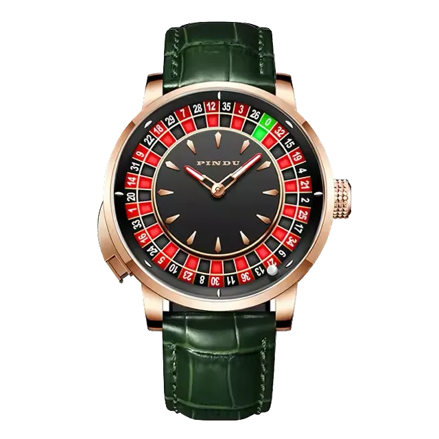 PINDU P6629 roulette automatic watch rose gold case green crocodile leather strap black center dial outer roulette wheel bezel red green sections rose gold hands front view