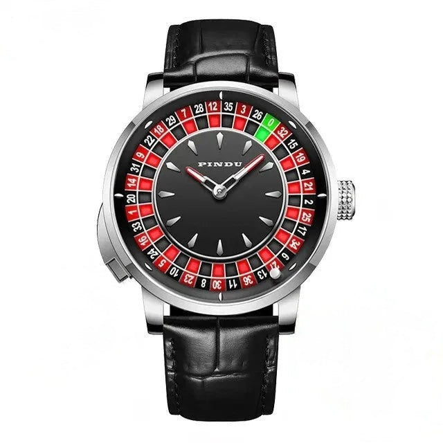 PINDU P6629 roulette automatic watch silver stainless steel case black quilted leather strap black inner dial white hour markers outer roulette wheel complication front view