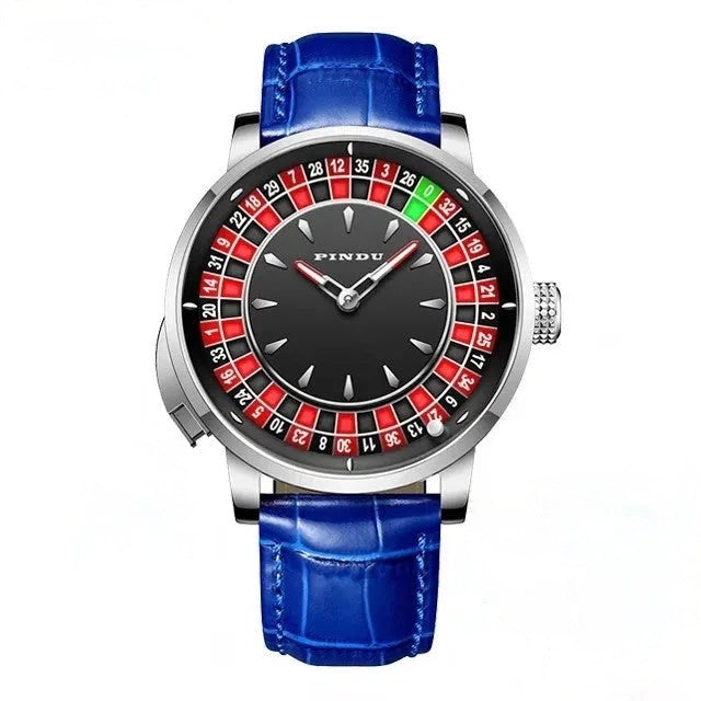 PINDU P6629 roulette automatic watch silver stainless steel case blue crocodile leather strap black center dial outer roulette wheel numbered sections front view