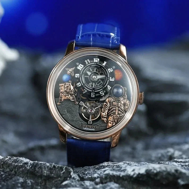 PINDU P6630 astronaut tourbillon watch front face moon rock backdrop blue leather strap