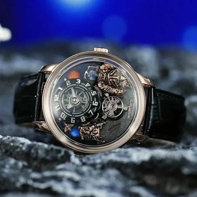 PINDU P6630 space watch moon rock setting blue leather strap rose gold case