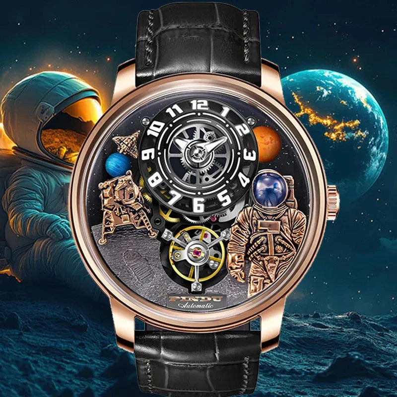 PINDU P6630 astronaut space watch lifestyle rose gold case black leather strap