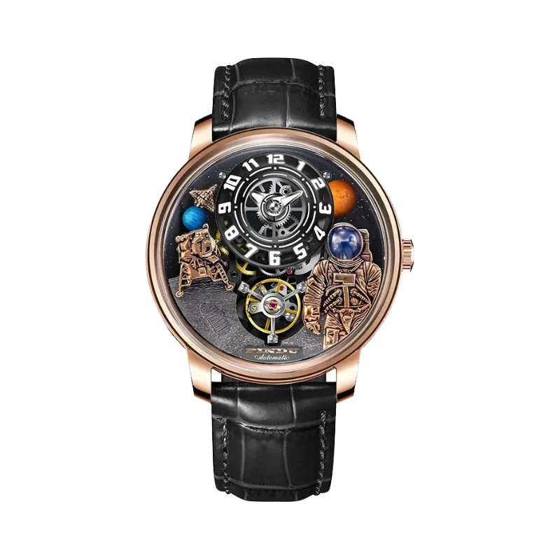 PINDU P6630 astronaut watch rose gold case black leather strap