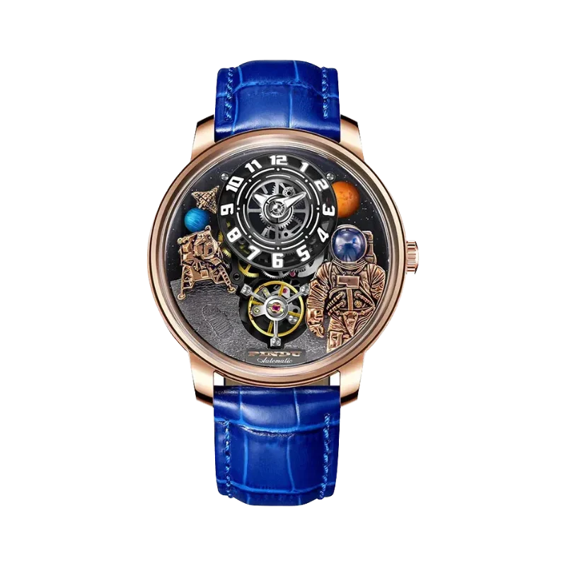 PINDU P6630 astronaut tourbillon watch rose gold case blue leather strap