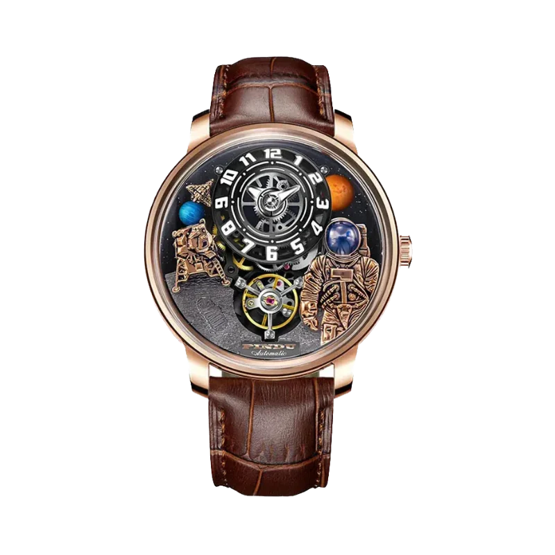 PINDU P6630 space watch rose gold case brown leather strap