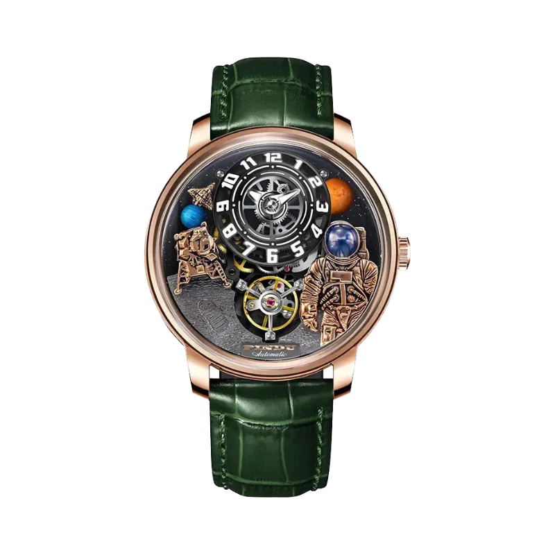 PINDU P6630 space watch rose gold case green leather strap