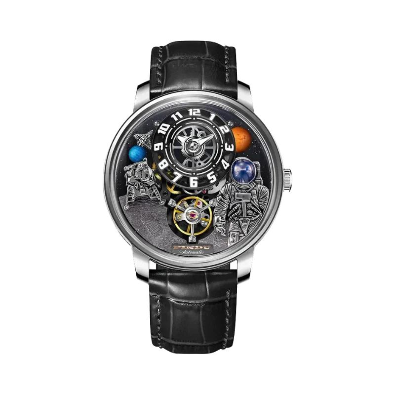 PINDU P6630 space watch silver case black leather strap