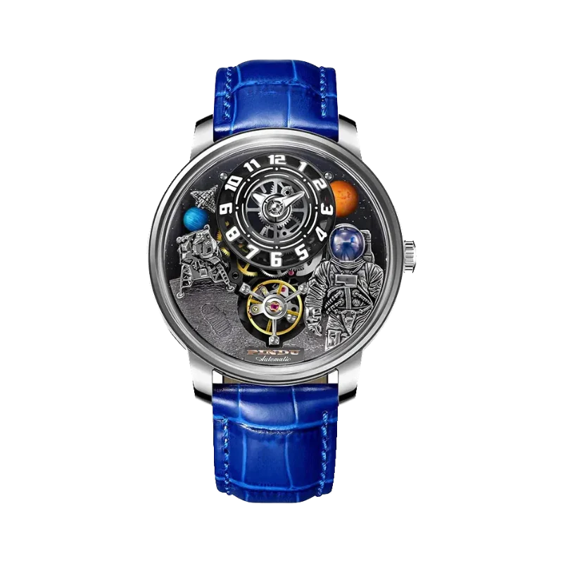 PINDU P6630 astronaut tourbillon watch silver steel case blue leather strap
