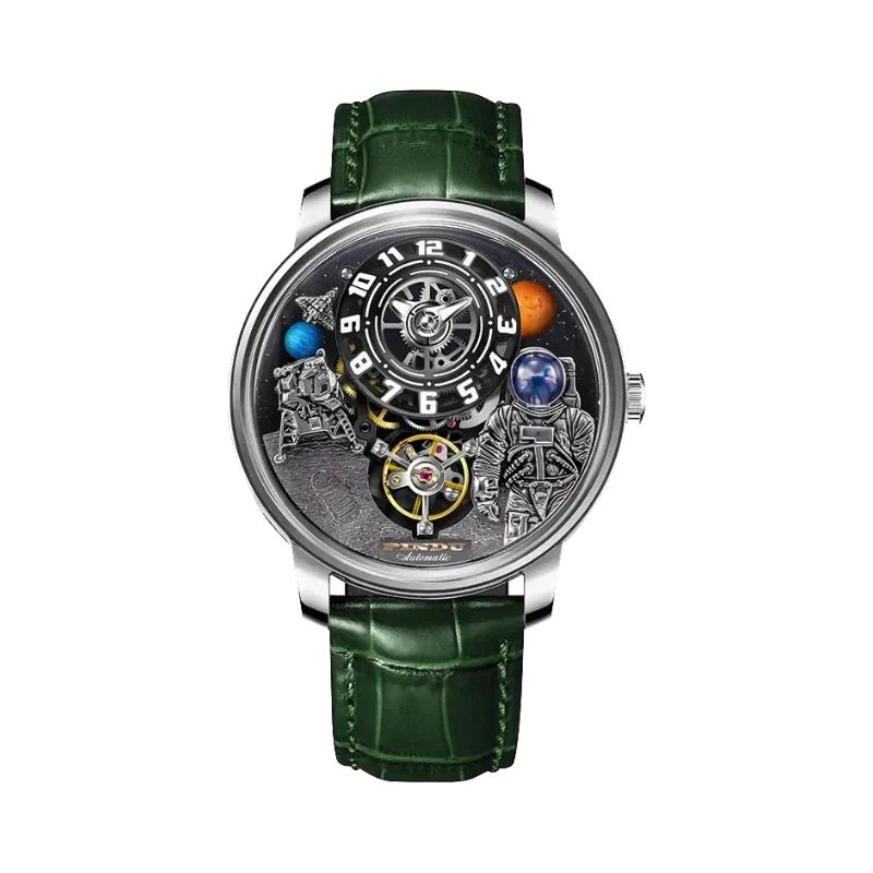 PINDU P6630 astronaut tourbillon watch silver case green leather strap