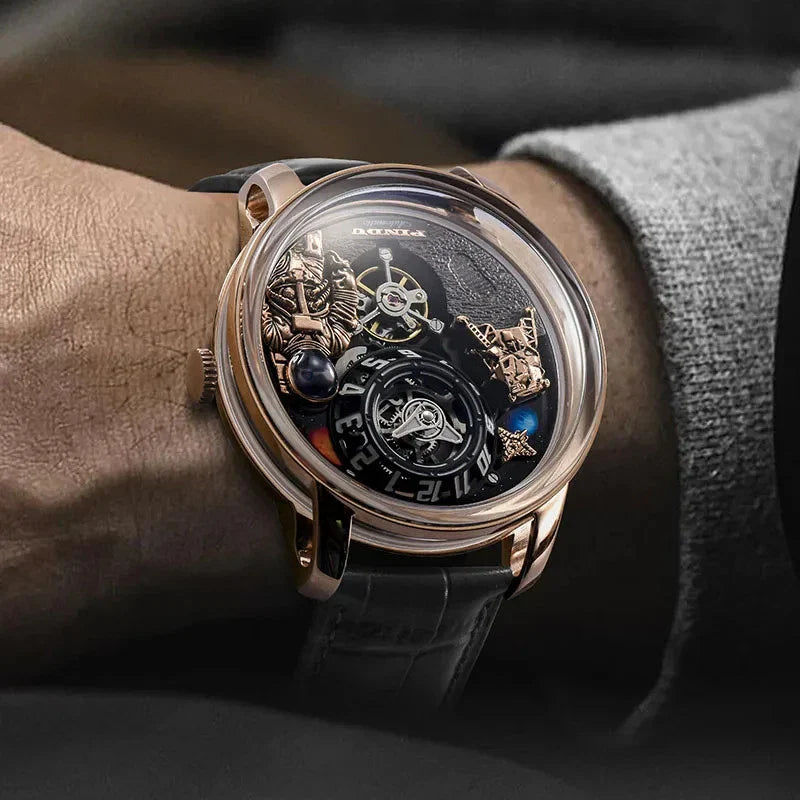 PINDU P6630 space watch on wrist rose gold case black leather strap