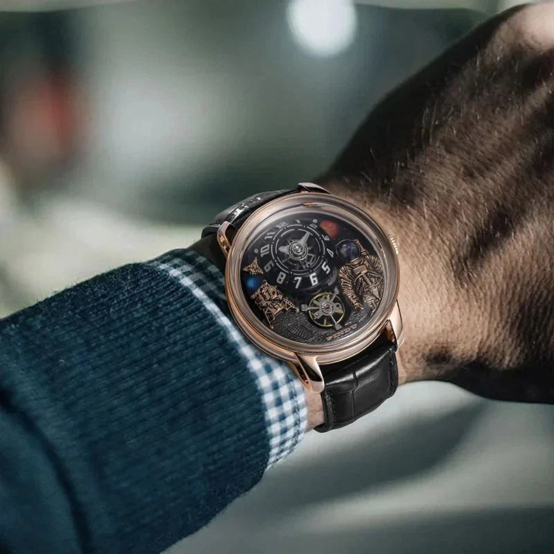 PINDU P6630 astronaut watch wrist side angle rose gold case black strap