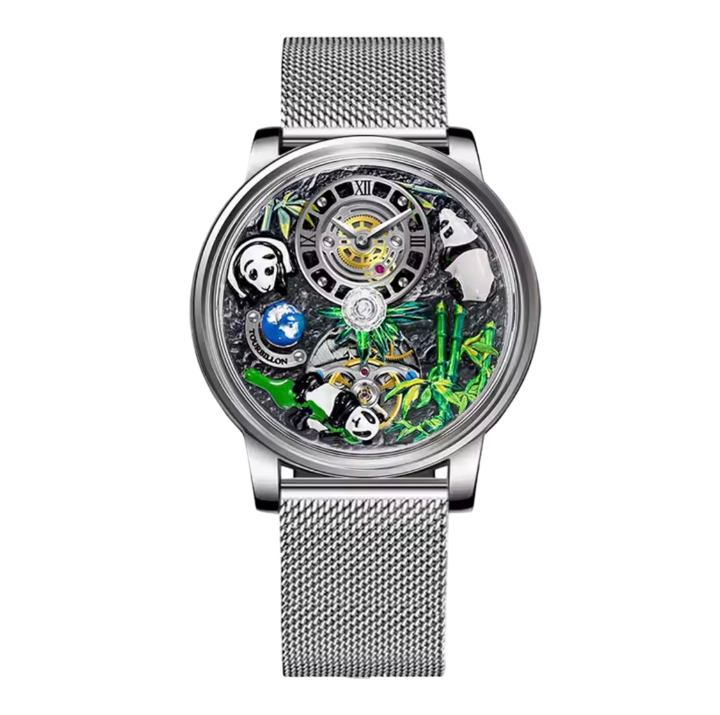 PINDU P6630 panda bamboo forest dial watch silver case silver mesh bracelet