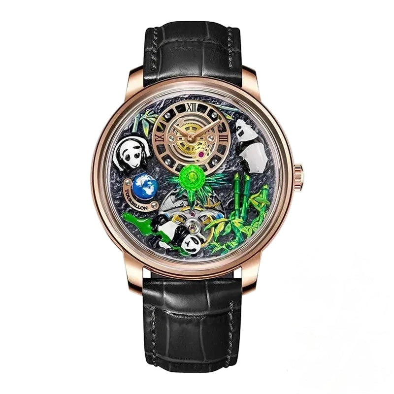 PINDU P6631 automatic 3D panda scenic dial rose gold case black crocodile leather strap front view