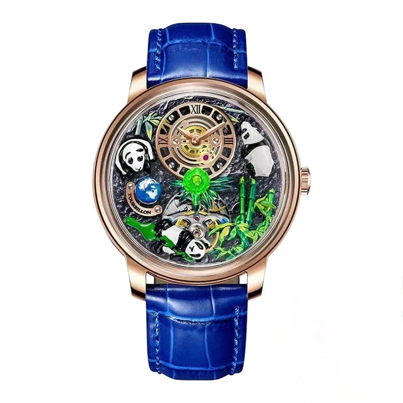 PINDU P6631 automatic 3D panda scenic dial rose gold case blue crocodile leather strap front view
