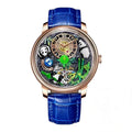 PINDU P6631 automatic 3D panda scenic dial rose gold case blue crocodile leather strap front view