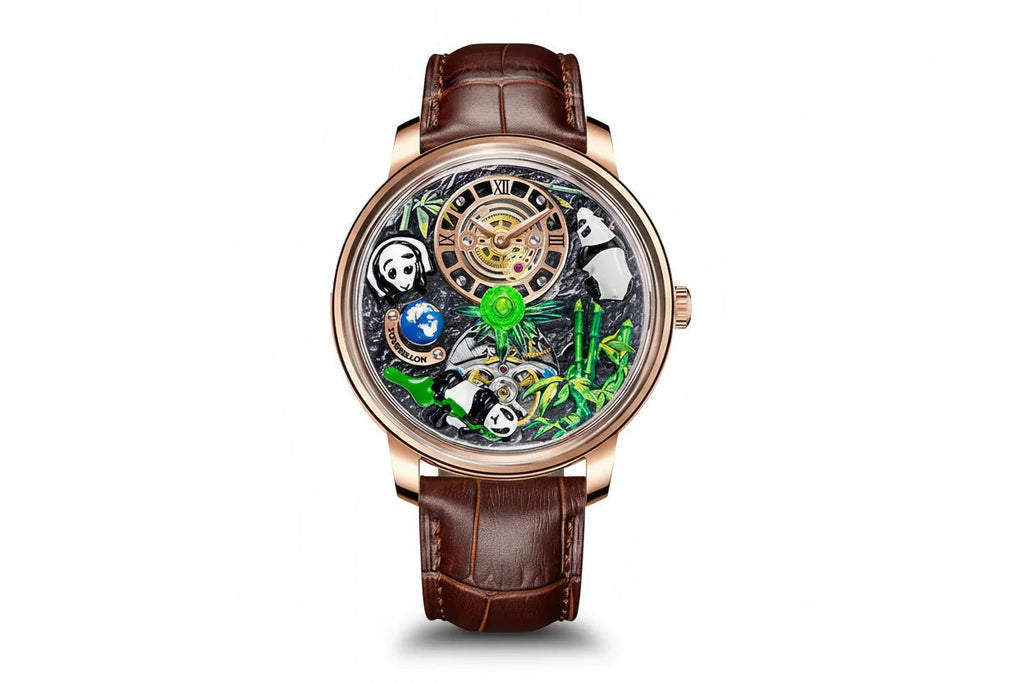 PINDU P6631 automatic 3D panda scenic dial rose gold case brown crocodile leather strap front view