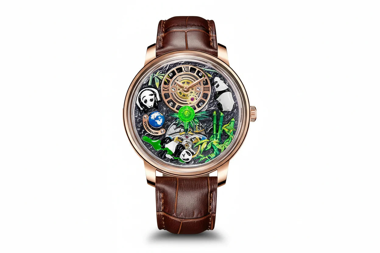 PINDU P6631 automatic 3D panda scenic dial rose gold case brown crocodile leather strap front view