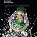 PINDU P6631 automatic 3D panda scenic dial rose gold case green leather strap 5ATM waterproof water splash shot