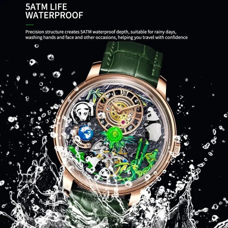 PINDU P6631 automatic 3D panda scenic dial rose gold case green leather strap 5ATM waterproof water splash shot