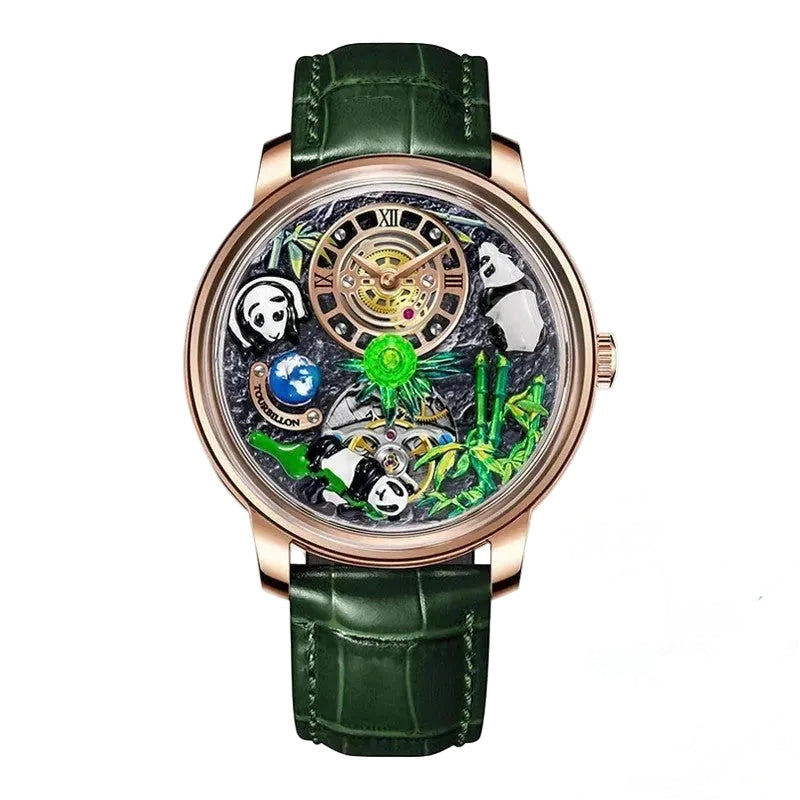 PINDU P6631 automatic 3D panda scenic dial rose gold case green crocodile leather strap front view