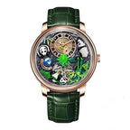 PINDU P6631 automatic 3D panda scenic dial rose gold case green crocodile leather strap front view