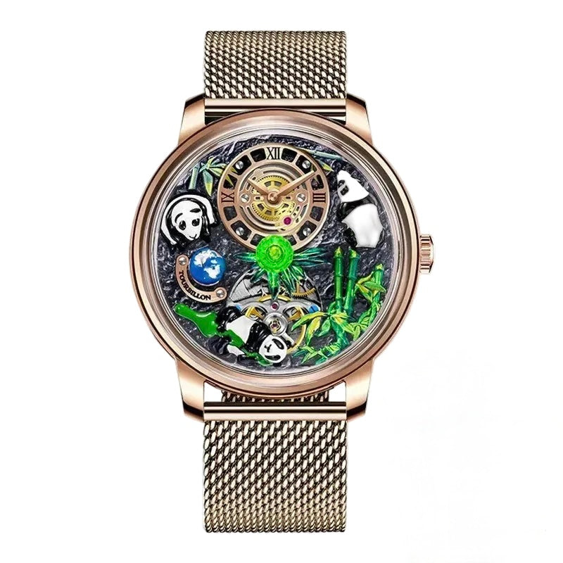 PINDU P6631 automatic 3D panda scenic dial rose gold case rose gold mesh bracelet front view
