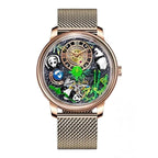 PINDU P6631 automatic 3D panda scenic dial rose gold case rose gold mesh bracelet front view