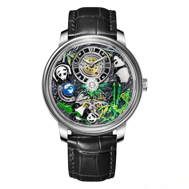 PINDU P6631 automatic 3D panda scenic dial silver case black crocodile leather strap front view