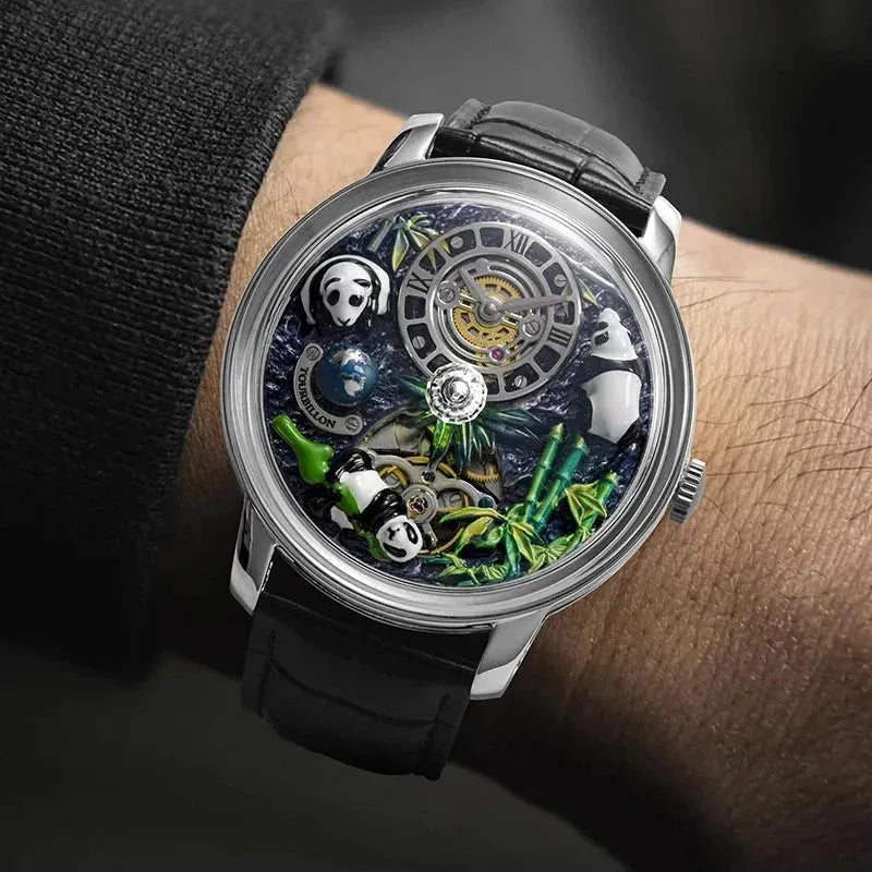 PINDU P6631 automatic 3D panda scenic dial silver case black crocodile leather strap worn on wrist