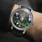 PINDU P6631 automatic 3D panda scenic dial silver case black crocodile leather strap worn on wrist