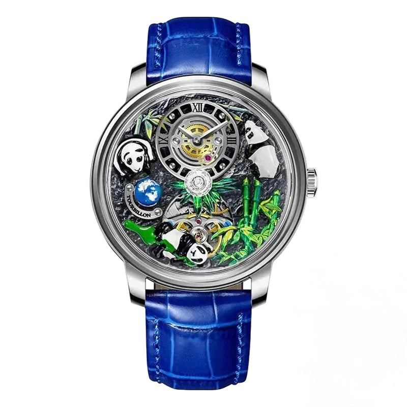 PINDU P6631 automatic 3D panda scenic dial silver case blue crocodile leather strap front view