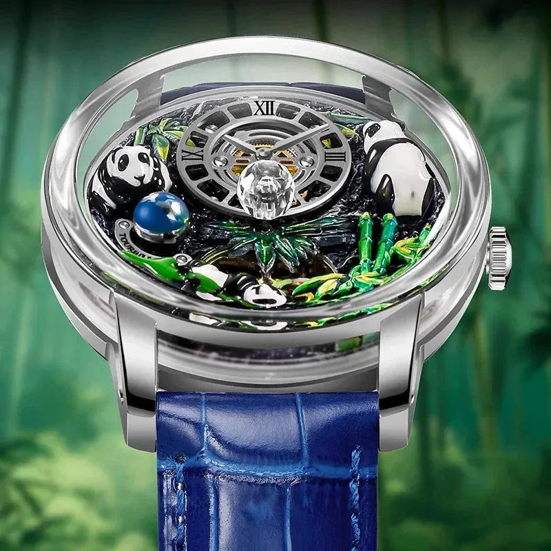 PINDU P6631 automatic 3D panda scenic dial silver case blue crocodile leather strap side profile bamboo setting