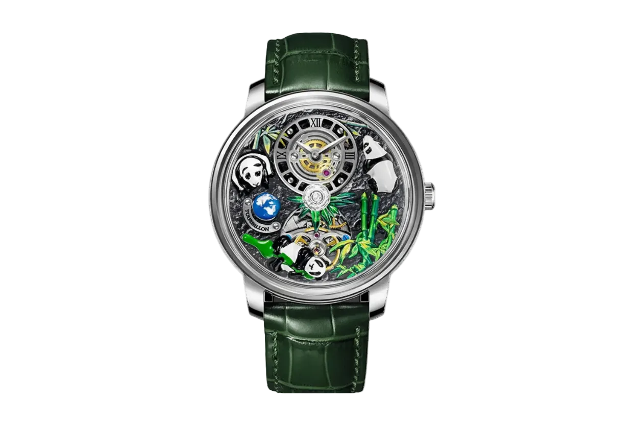 PINDU P6631 automatic 3D panda scenic dial silver case green crocodile leather strap front view