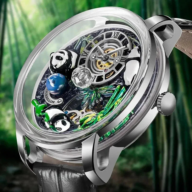 PINDU P6631 automatic 3D panda scenic dial silver case grey leather strap angled side view bamboo lifestyle