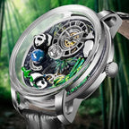 PINDU P6631 automatic 3D panda scenic dial silver case grey leather strap angled side view bamboo lifestyle