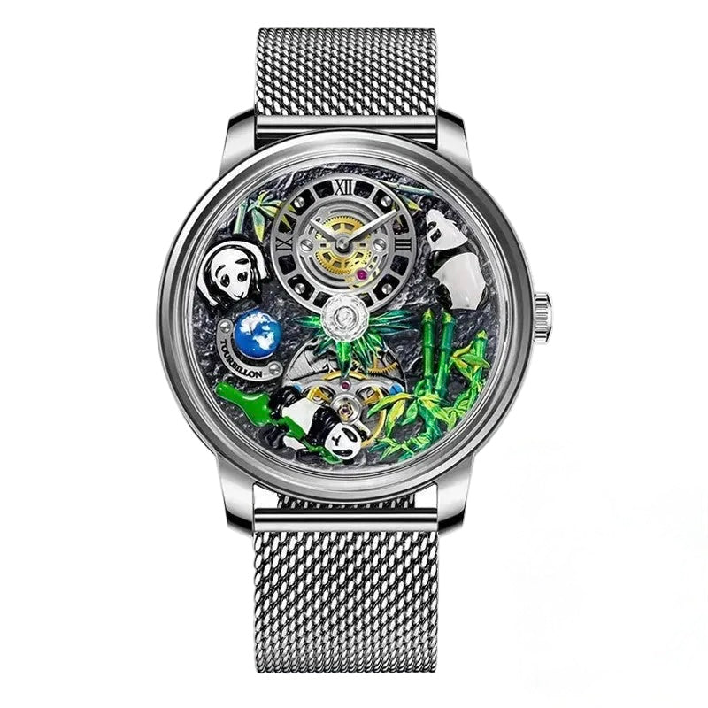 PINDU P6631 automatic 3D panda scenic dial silver case silver mesh steel bracelet front view