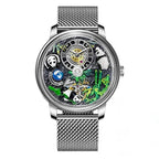 PINDU P6631 automatic 3D panda scenic dial silver case silver mesh steel bracelet front view