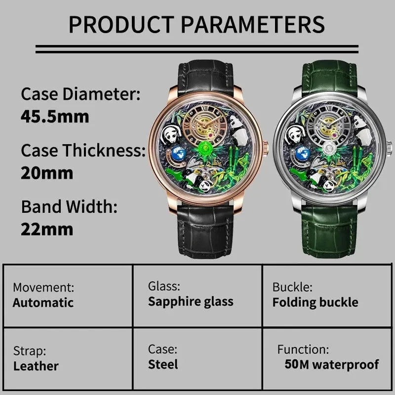 PINDU P6631 product specifications — 45.5mm automatic sapphire crystal 50M waterproof 22mm strap folding buckle